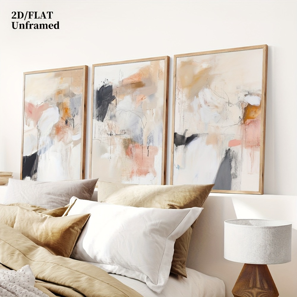 Abstract Canvas Set - 3개 프레임리스, 중성 베이지 블러쉬 핑크
