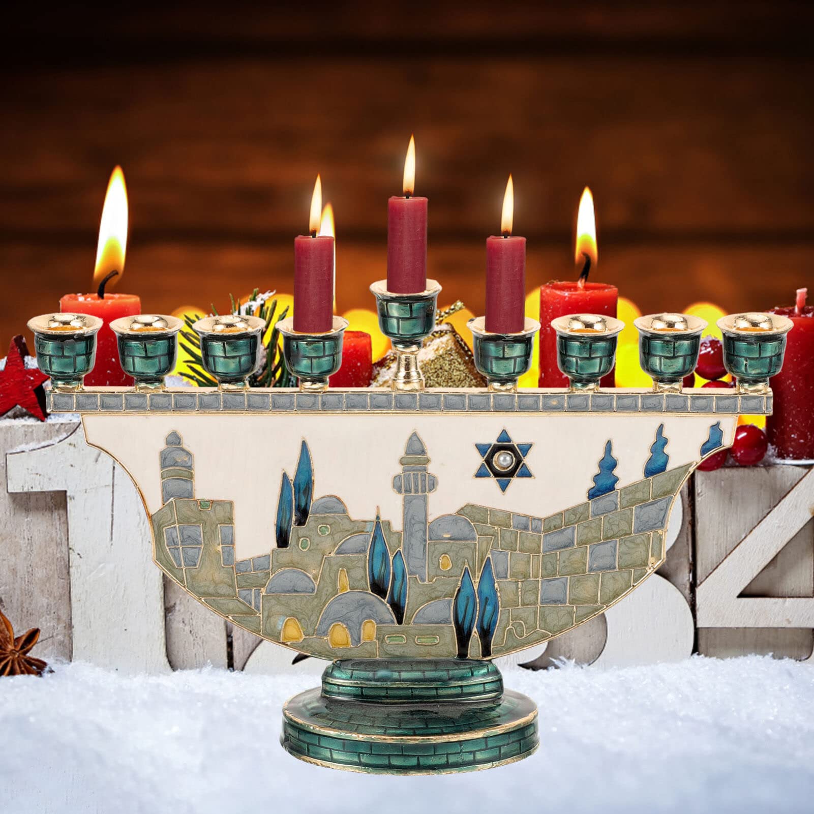 Candle Holder Decor - 예루살렘 메노라 하누카 촛대 9개 갈래