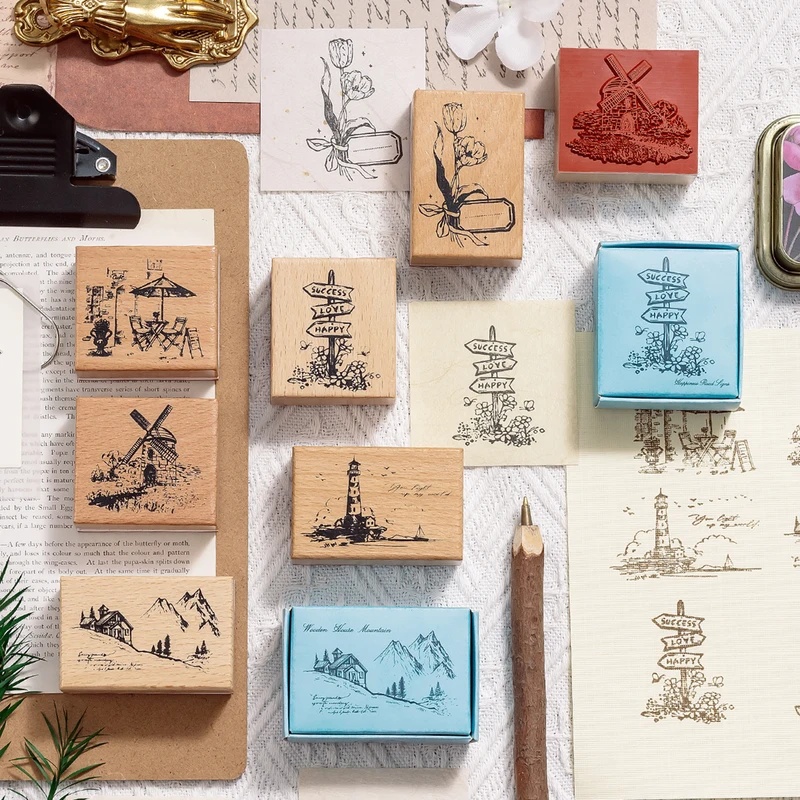 빈티지 스타일의 나무 재질 고무 스탬프, 복고풍 풍경, - Wall Sticker 리뷰 및 가격
